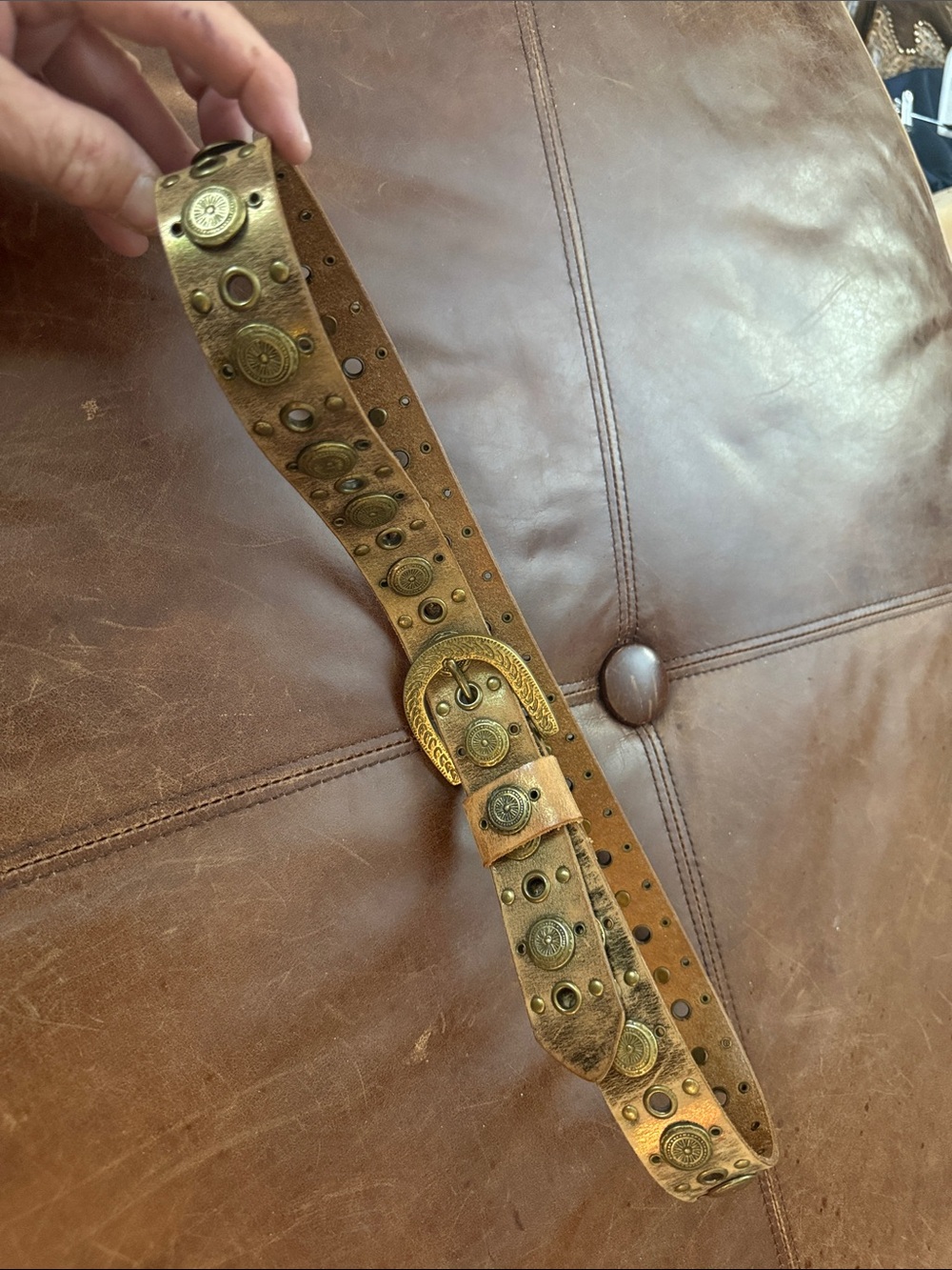 Bronze/Copper Metallic Leather Studded Women’s Belt with Antiqued Brass Buckle
